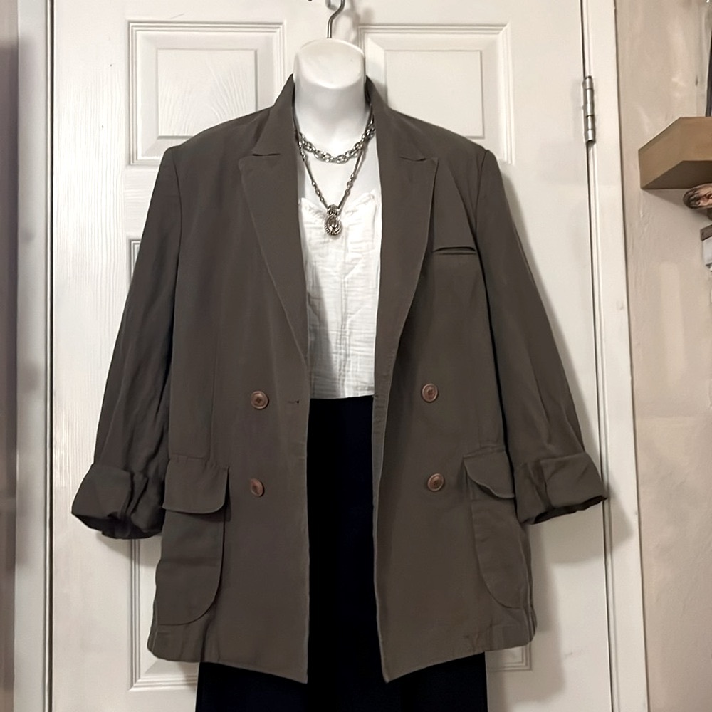 Olive Green Double Breasted Boxy 100% Linen Blazer